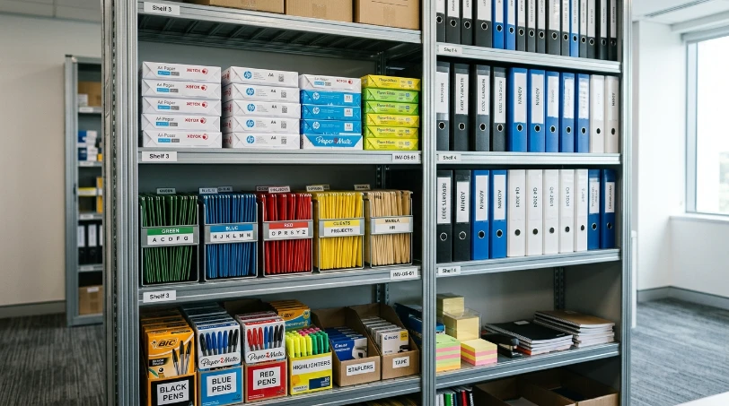 Rak penyimpanan stok alat tulis kantor yang tersusun rapi