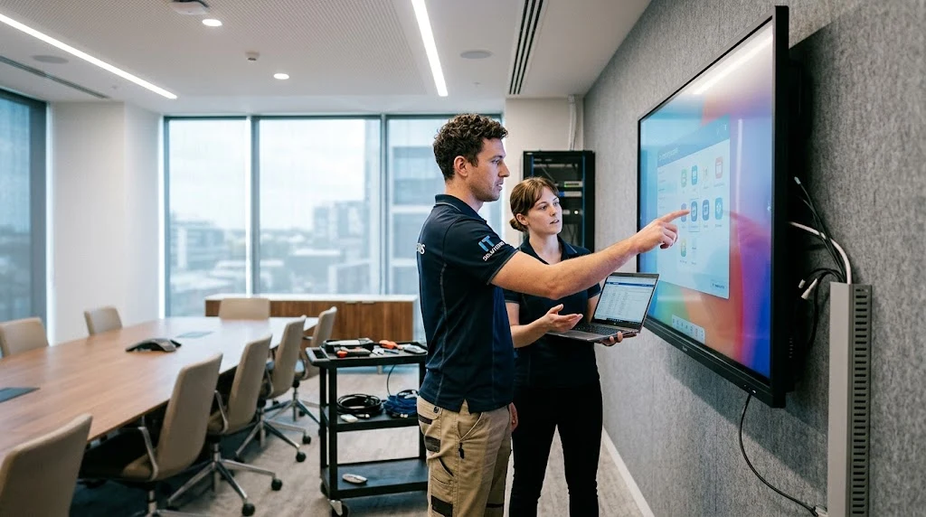 Teknisi IT profesional sedang melakukan konfigurasi dan instalasi layar Interactive Flat Panel 86 inch