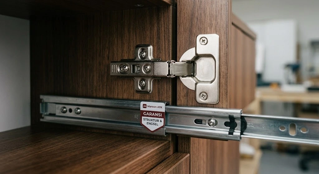 Detail teknis engsel dan rel laci bergaransi Maroon ATK