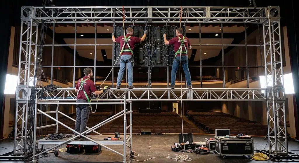 Teknisi Maroon ATK memasang struktur rangka baja untuk videotron di panggung auditorium