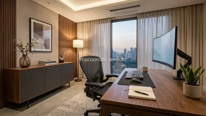 Area kerja eksekutif yang rapi dengan jarak aman dari titik pendingin udara dan sirkulasi pergerakan memadai