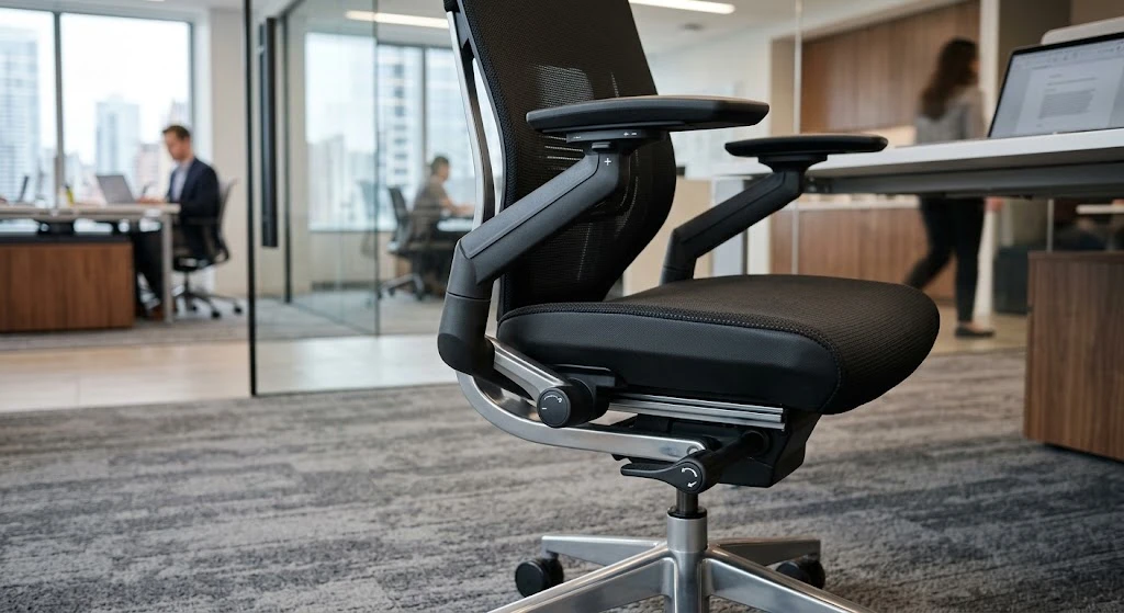 Fitur penyesuaian sandaran tangan dan kedalaman dudukan pada kursi kantor ergonomis