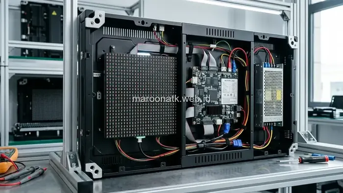 Pemeriksaan modul LED dan receiving card dalam tahapan quality control instalasi Videotron