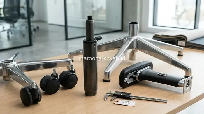 Detail komponen roda kursi dan hidrolik gas lift untuk pemeriksaan kualitas furniture