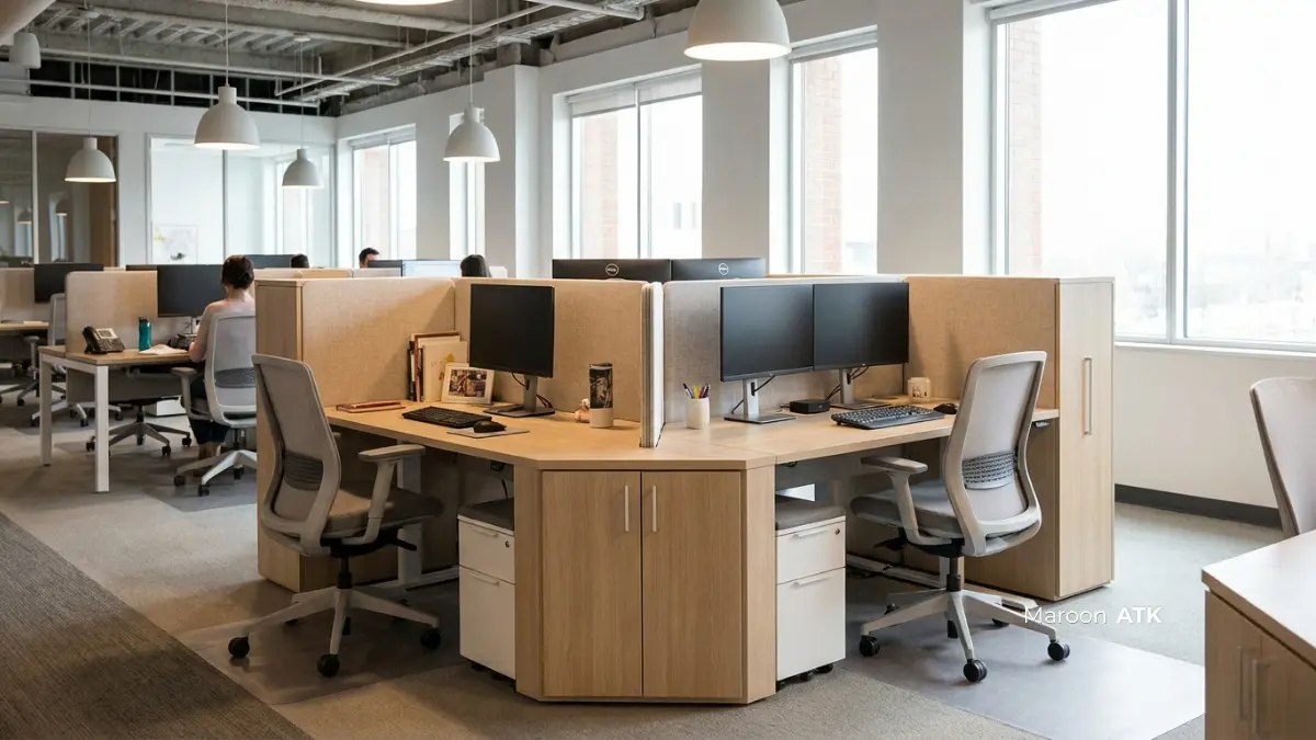 Workstation modular 4-cluster untuk efisiensi ruang kantor open-plan